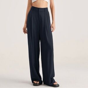 Oversized High Waisted Pleat Front Trousers - Navy, M